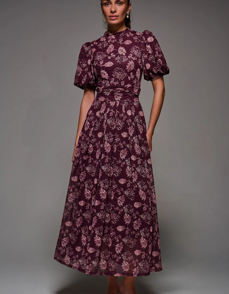 Puffy Sleeve Printed Mesh Maxi Dress