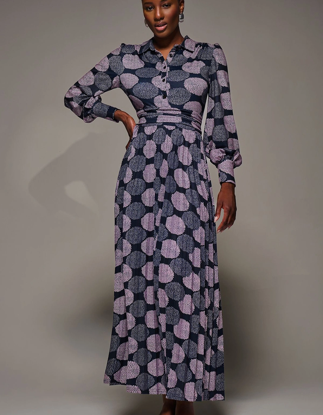 Long Sleeve Pleated Jersey Maxi Dress, 2 of 1