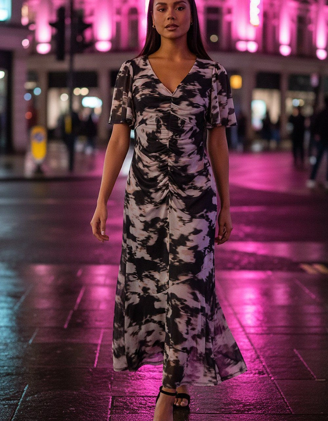 Petite Printed Mesh Ruched Midi Dress, 2 of 1