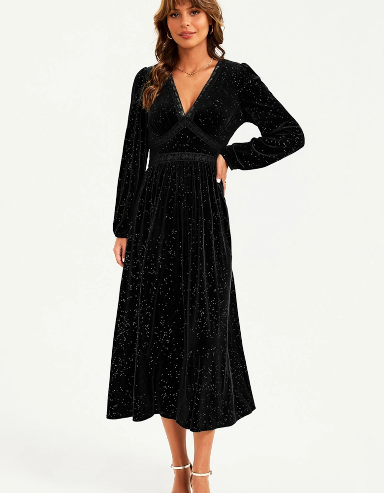 Silver Foil Velvet Lace Trim Neckline Midi Dress