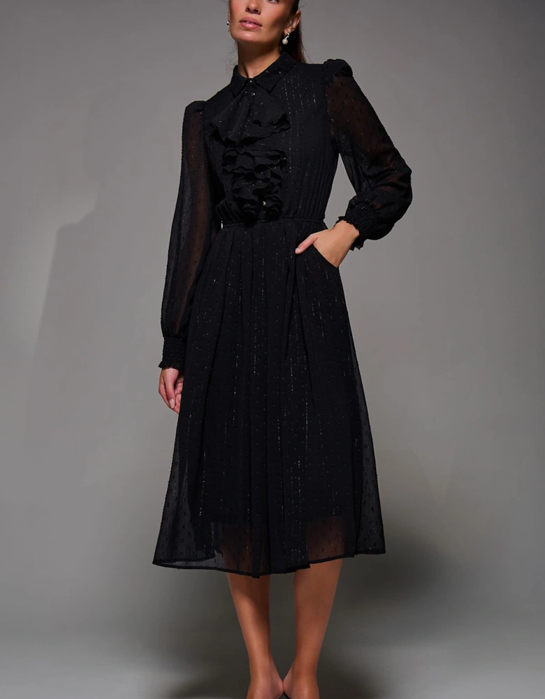 Textured Chiffon Ruffle Shirt Dress