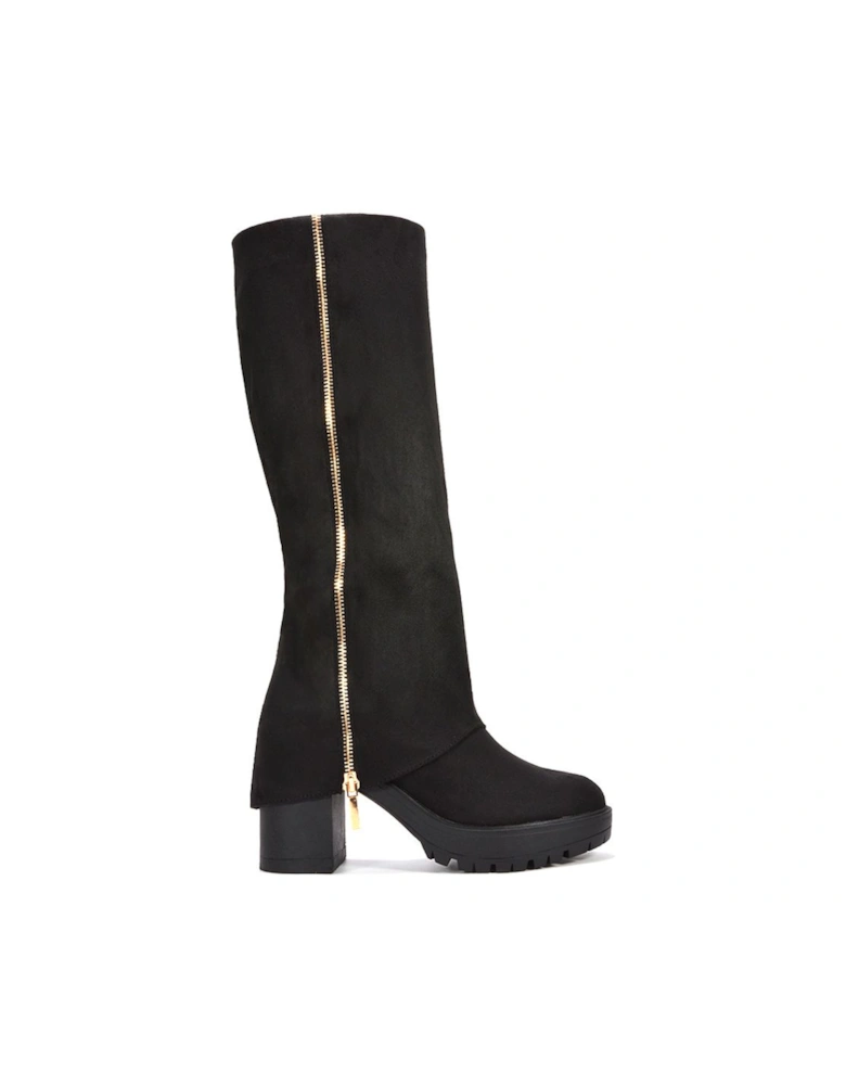 'Juliana' Fold Over Block Chunky Platform Black Knee High Boots