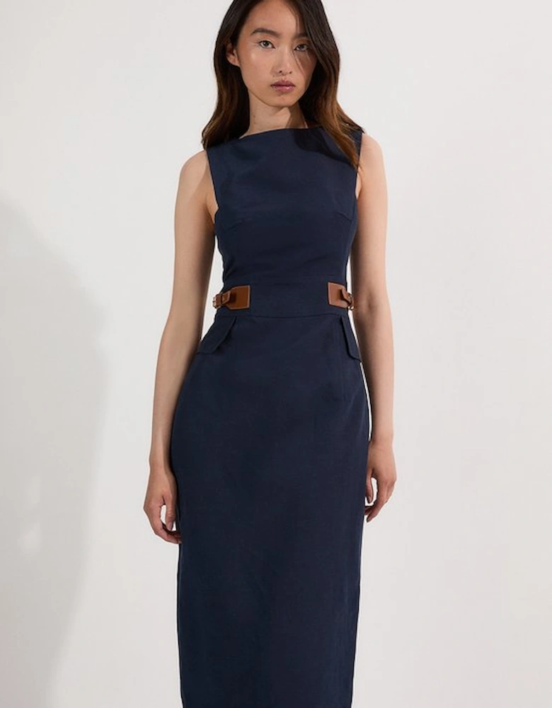 Premium Tailored Linen Tab Waist Pencil Midi Dress
