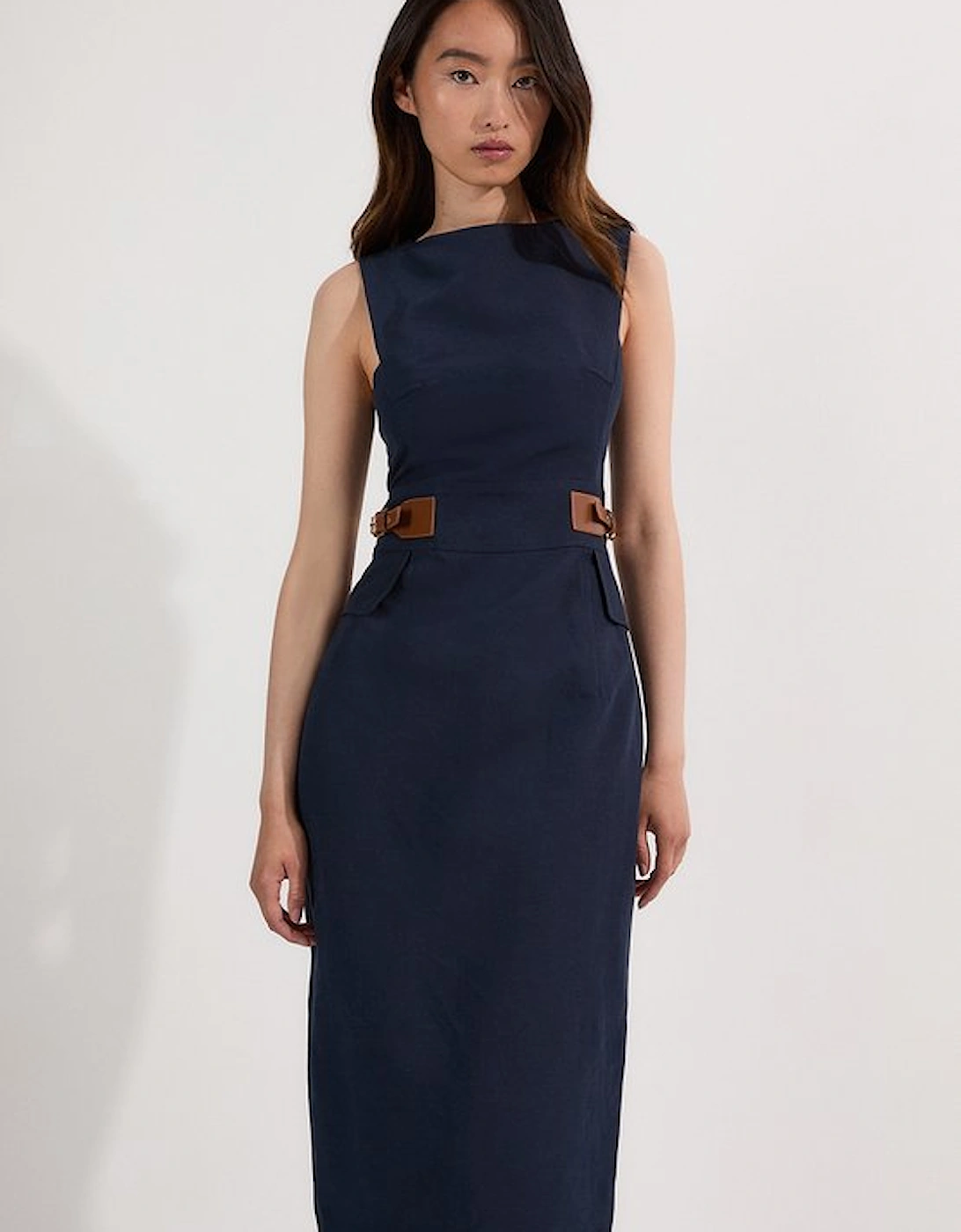 Premium Tailored Linen Tab Waist Pencil Midi Dress