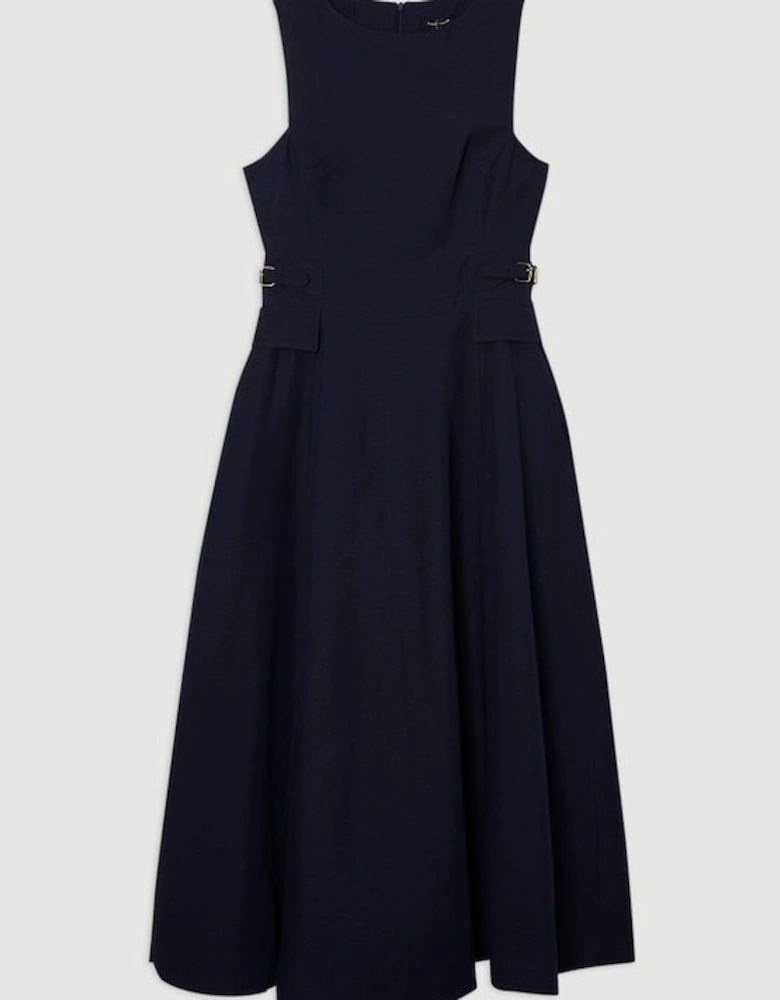 Premium Tailored Linen Tab Waist Pencil Midi Dress