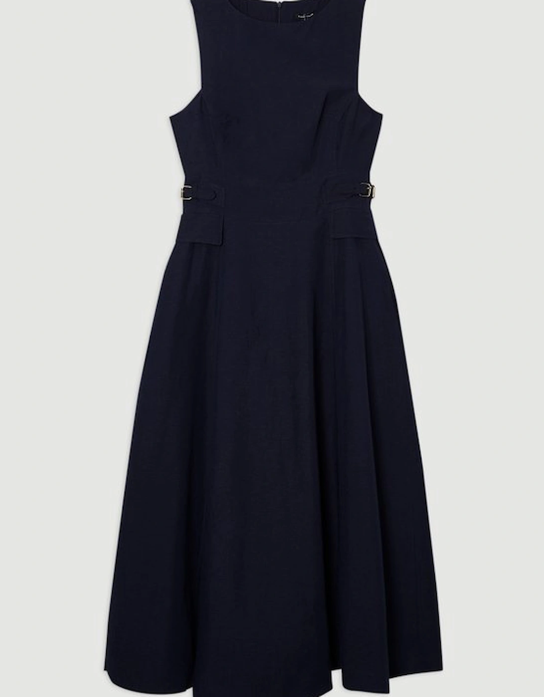 Premium Tailored Linen Tab Waist Pencil Midi Dress