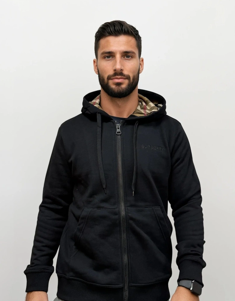 'Hove' check Hood Embroidery Logo Hoodie Zip Sweatshirt Black