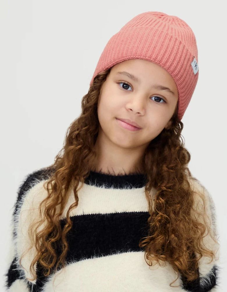 Girls Monogram Rib Beanie in Pink