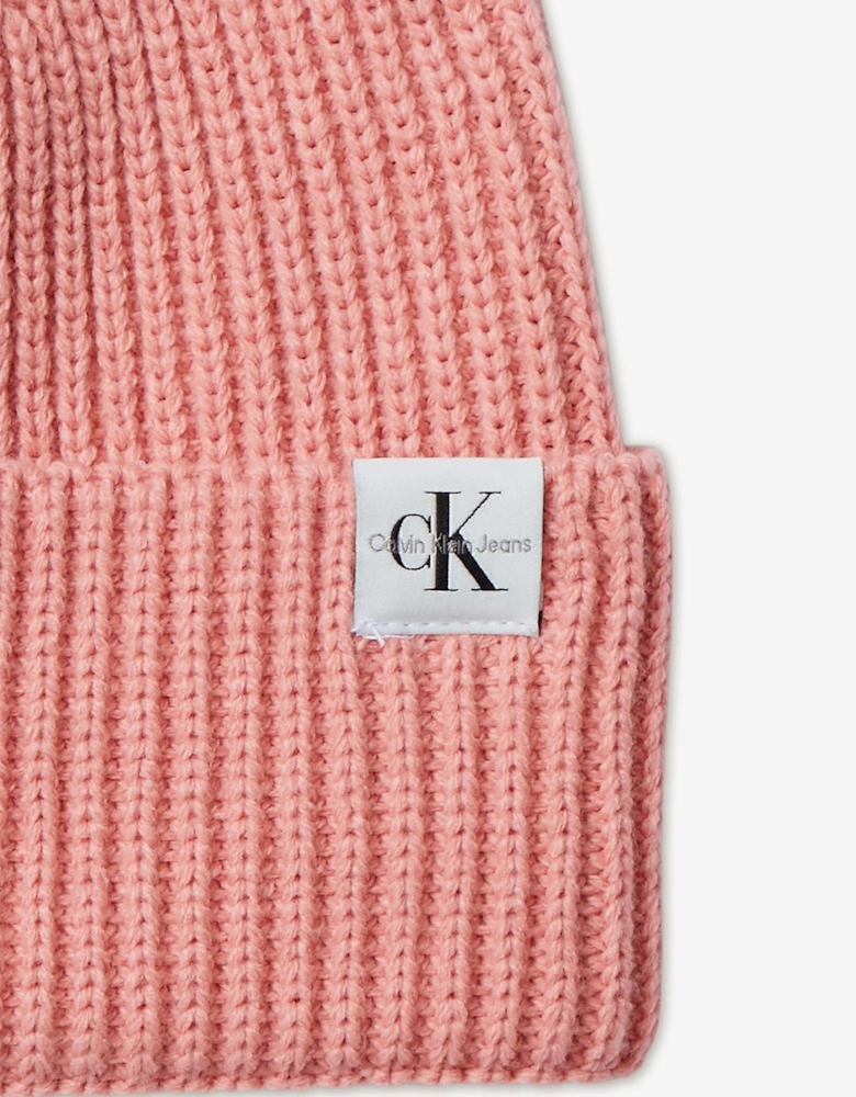 Girls Monogram Rib Beanie in Pink