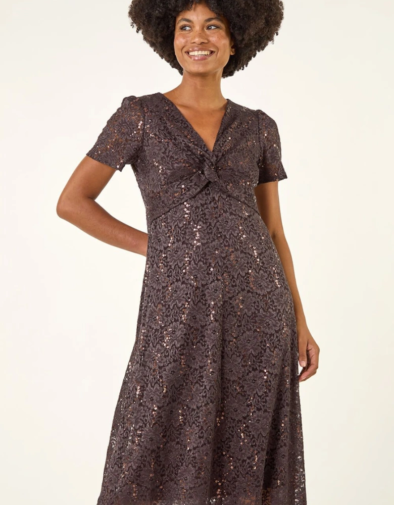 Sequin Lace Twist Front Midi Dress