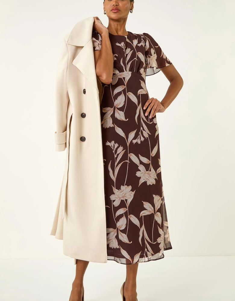 Floral Print Flutter Sleeve Midi Dress