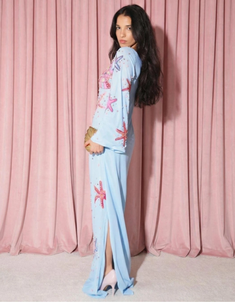 Crescent Shell Bell Sleeve Dress - Blue