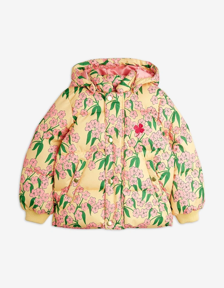 Girls Alpine Flower Hooded Puffer Jacket in Yellow