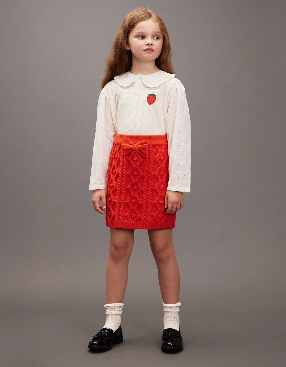 Girls Embroidered Strawberry Schiffli Blouse in White