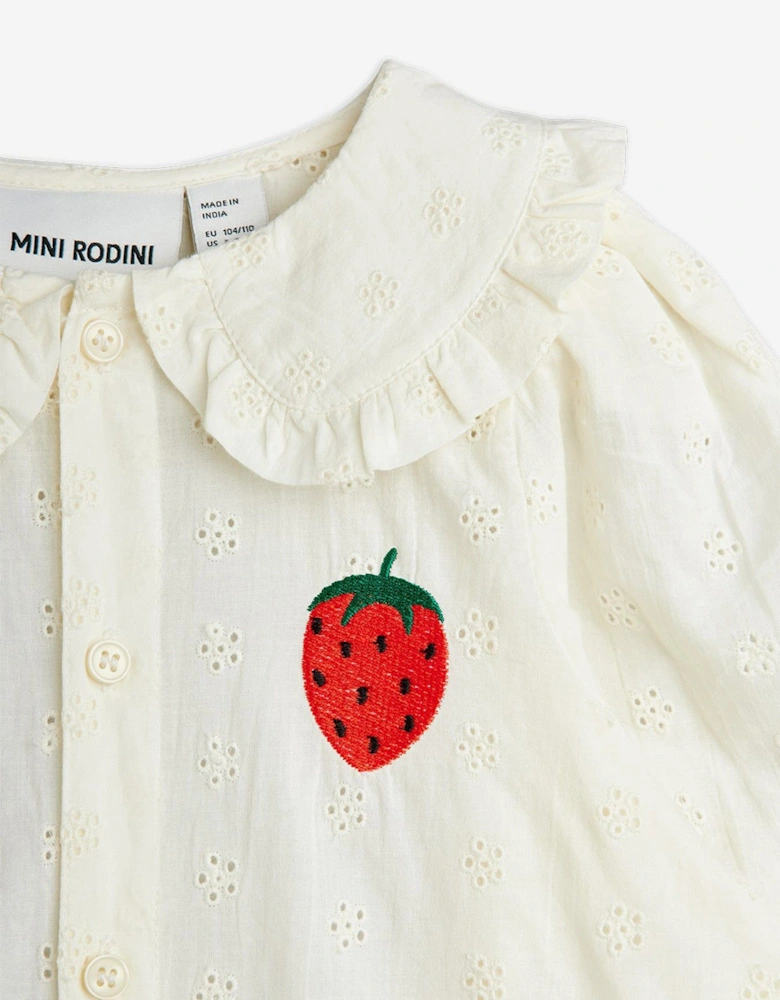 Girls Embroidered Strawberry Schiffli Blouse in White
