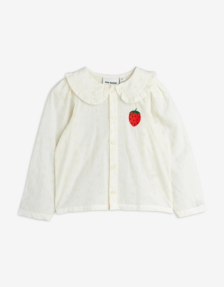 Girls Embroidered Strawberry Schiffli Blouse in White