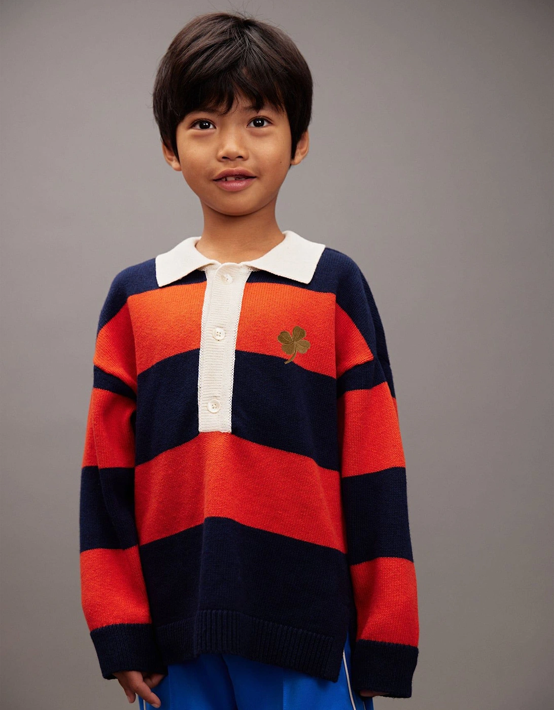 Boys Embroidered Clover Knitted Rugby Sweater in Navy