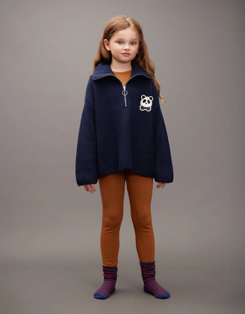 Kids Panda Patch Chunky Knit Half Zip Sweater in Navy