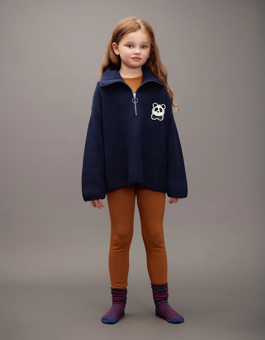 Kids Panda Patch Chunky Knit Half Zip Sweater in Navy