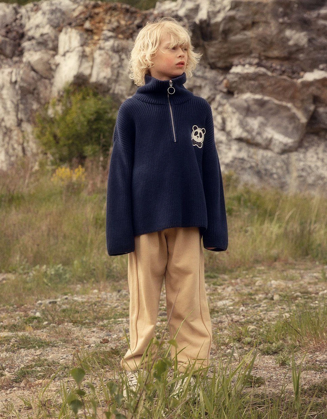 Kids Panda Patch Chunky Knit Half Zip Sweater in Navy