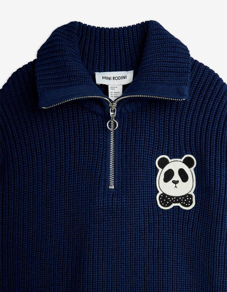 Kids Panda Patch Chunky Knit Half Zip Sweater in Navy