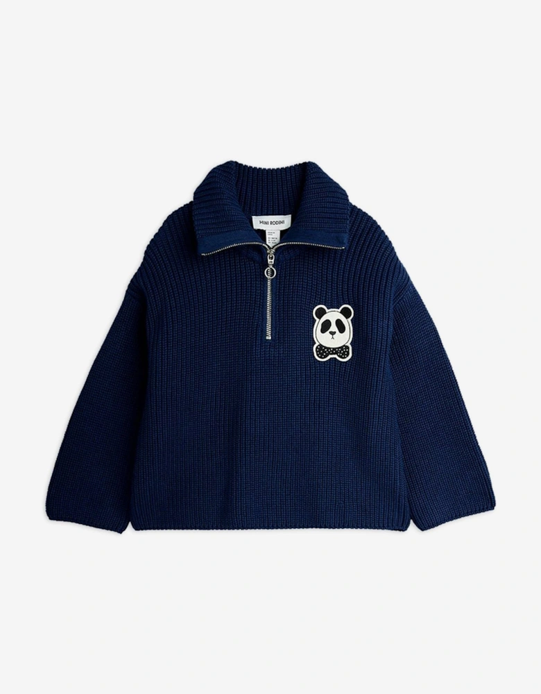 Kids Panda Patch Chunky Knit Half Zip Sweater in Navy