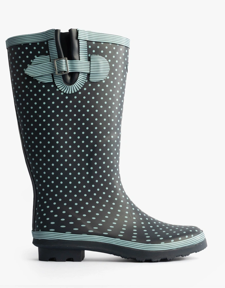 Stormwells DOTTY Womens Rubber Wellington Boots Pale Blue Polka Dot/Navy