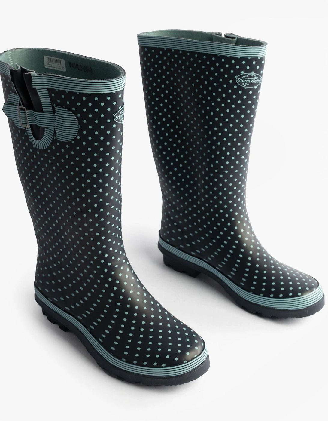 Stormwells DOTTY Womens Rubber Wellington Boots Pale Blue Polka Dot/Navy