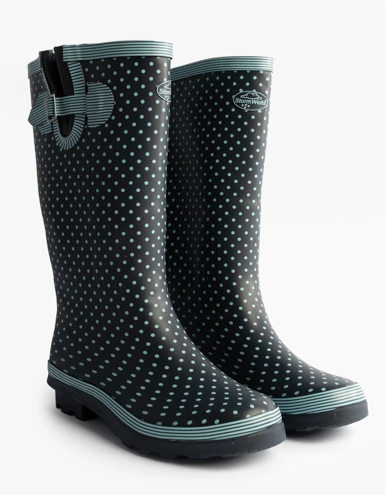 Stormwells DOTTY Womens Rubber Wellington Boots Pale Blue Polka Dot/Navy
