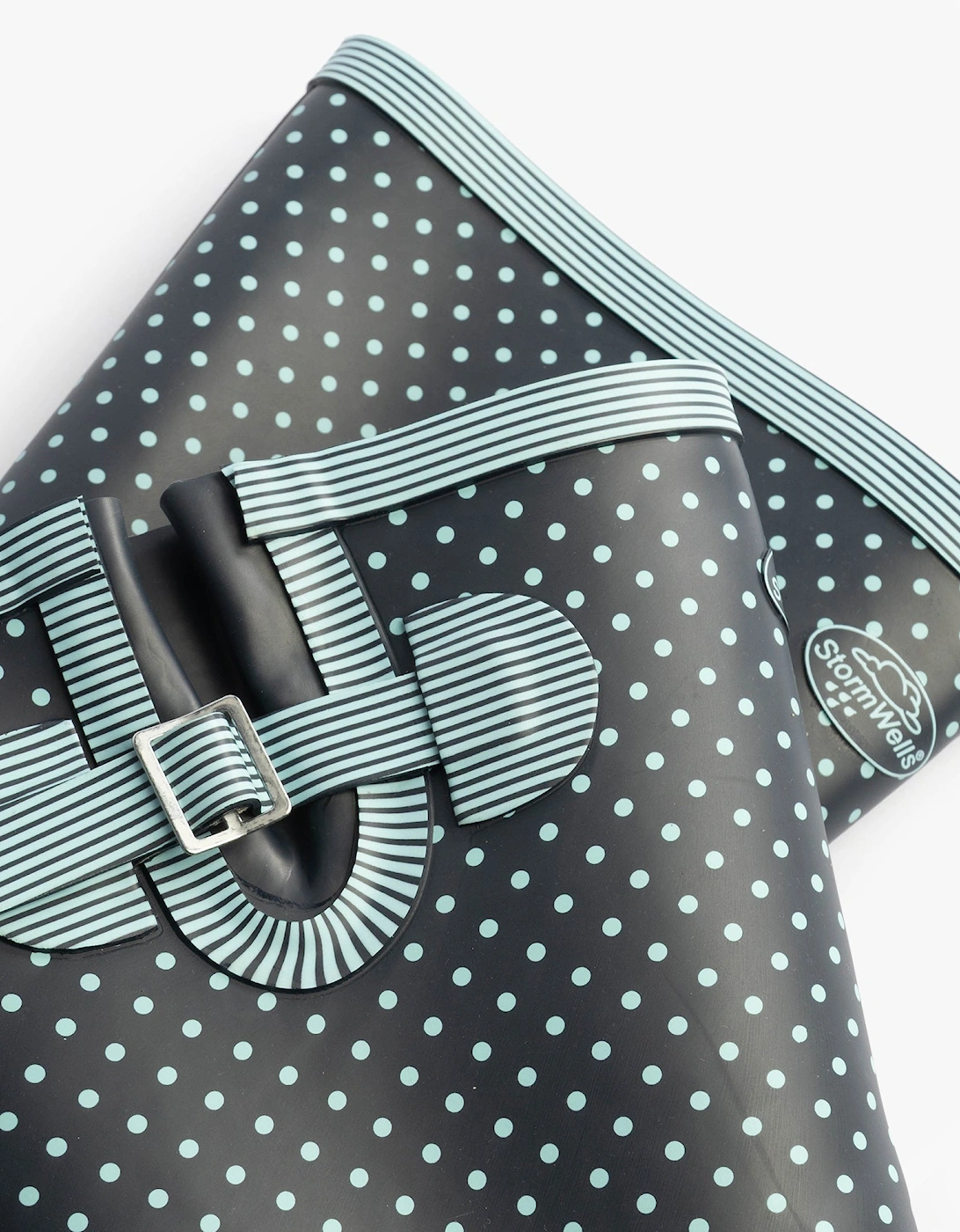 Stormwells DOTTY Womens Rubber Wellington Boots Pale Blue Polka Dot/Navy