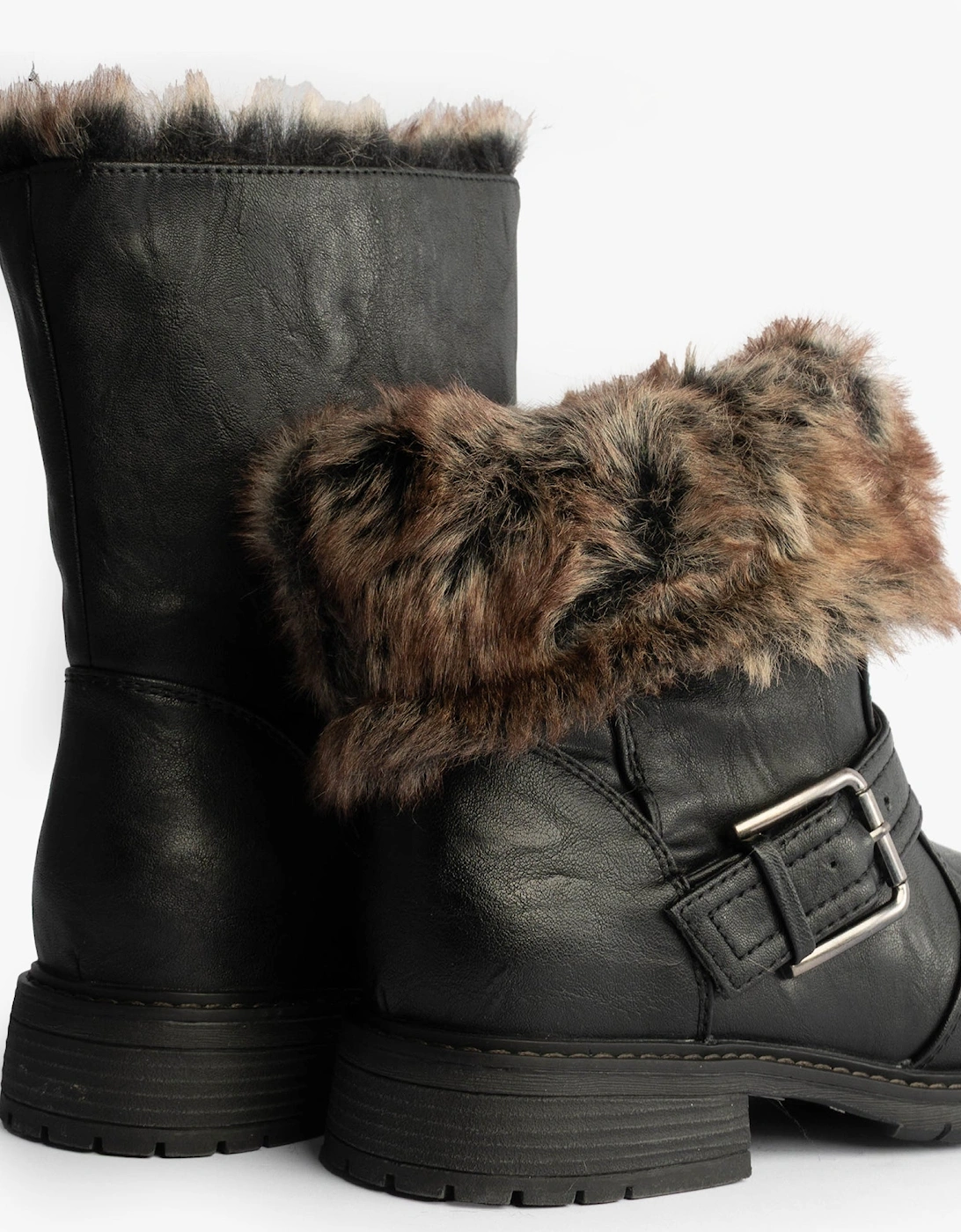 ANDREANA Womens Faux Fur Fold Down Biker Boots Black