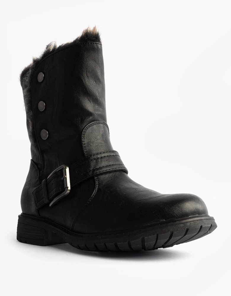 ANDREANA Womens Faux Fur Fold Down Biker Boots Black