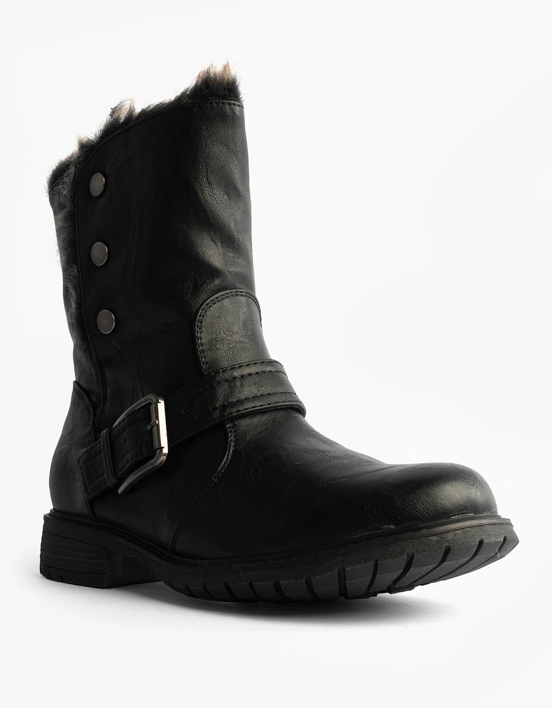 ANDREANA Womens Faux Fur Fold Down Biker Boots Black