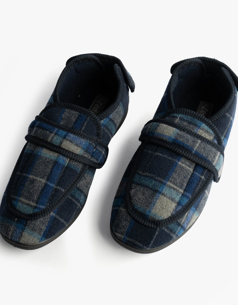 PETER Mens Touch Fasten/Velcro Slippers Navy Blue Check