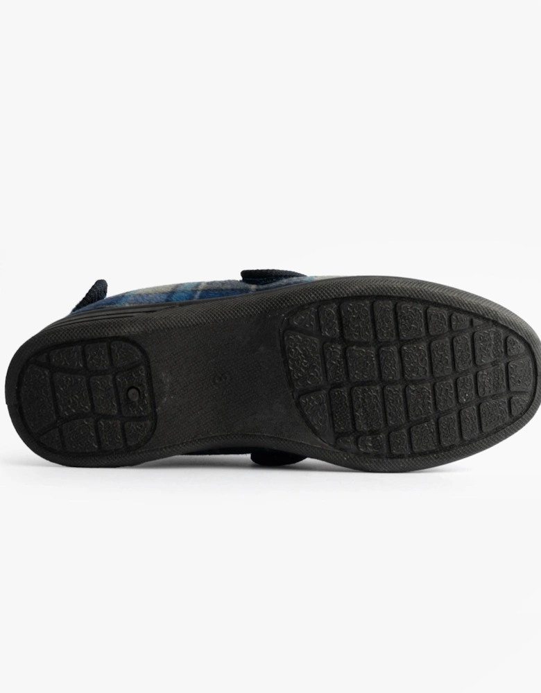 PETER Mens Touch Fasten/Velcro Slippers Navy Blue Check
