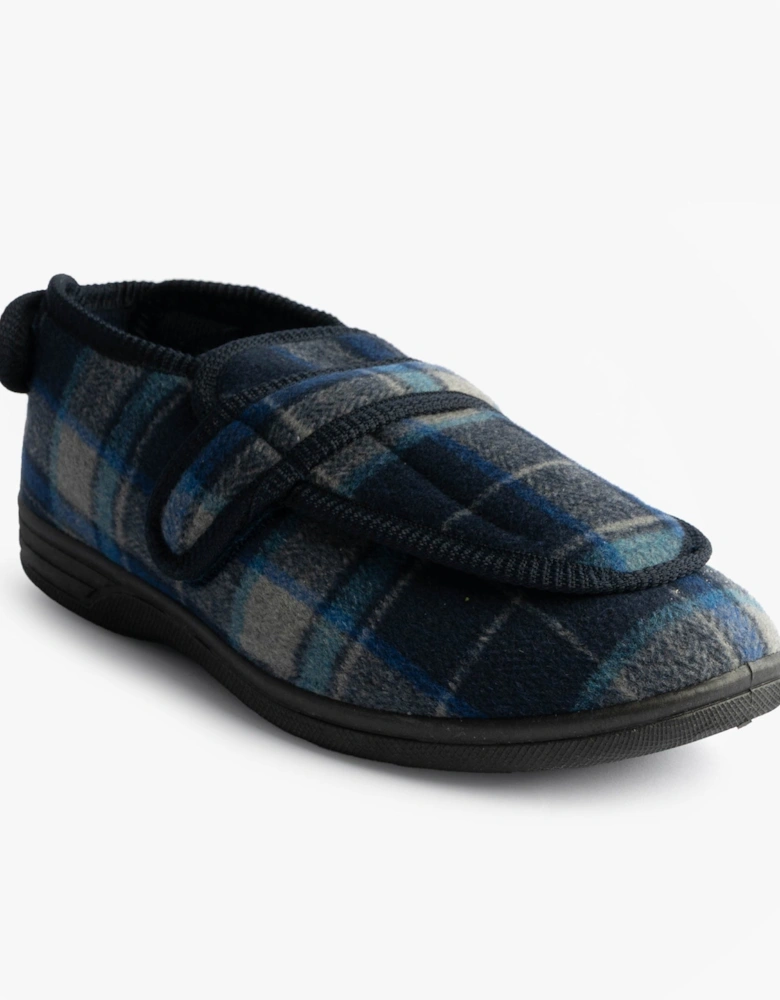 PETER Mens Touch Fasten/Velcro Slippers Navy Blue Check