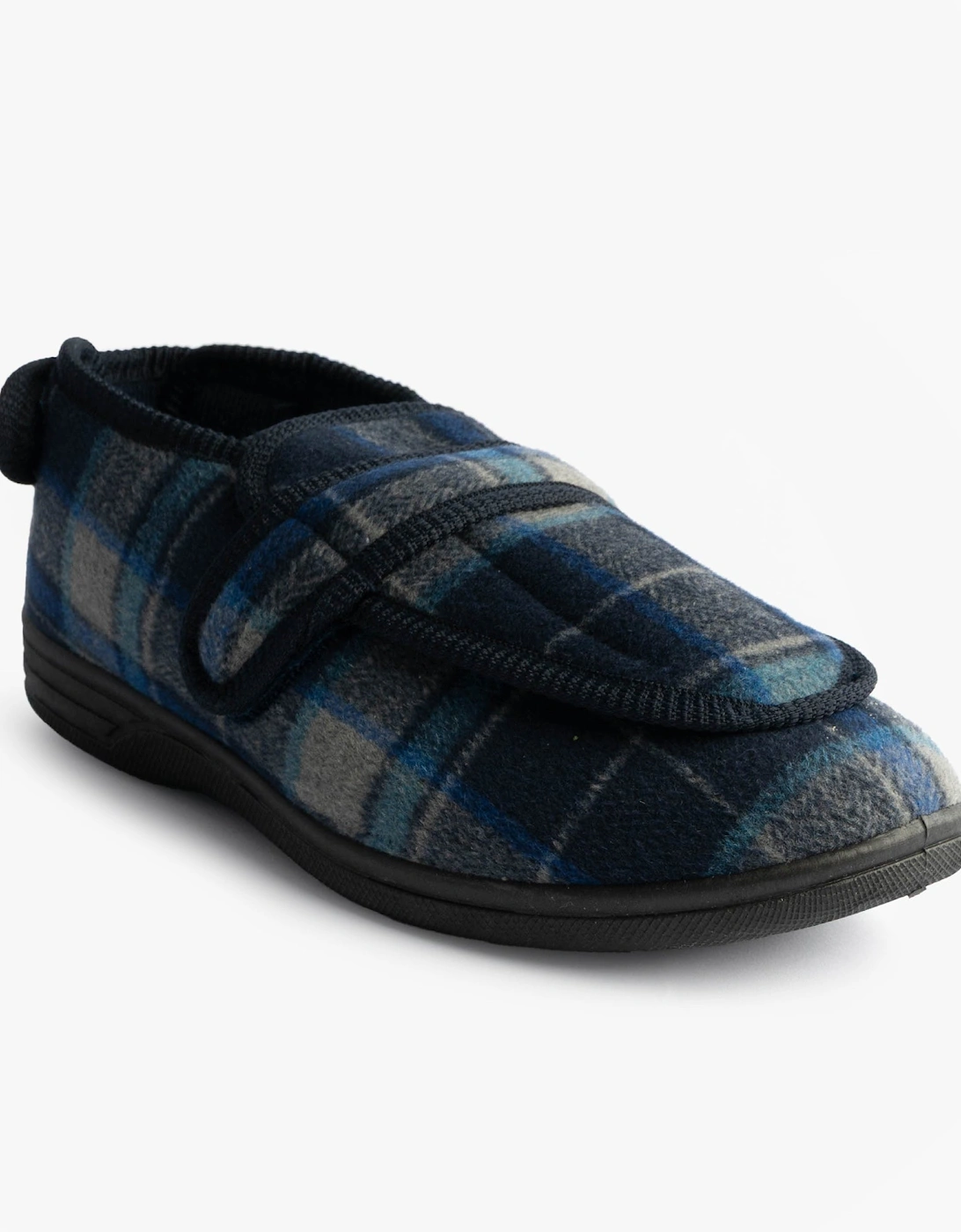 PETER Mens Touch Fasten/Velcro Slippers Navy Blue Check