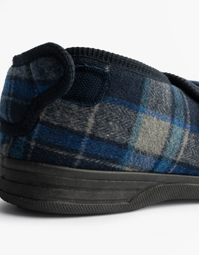 PETER Mens Touch Fasten/Velcro Slippers Navy Blue Check