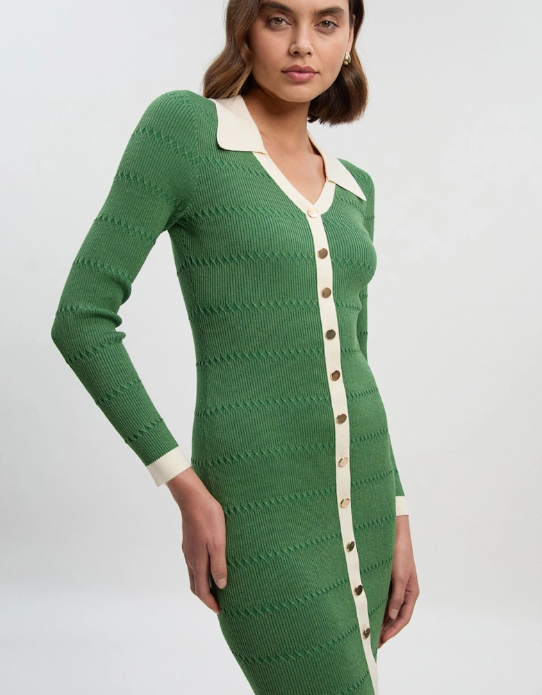 Petite Viscose Rib Stitch Detail Contrast Colour Button Knit Midi Dress