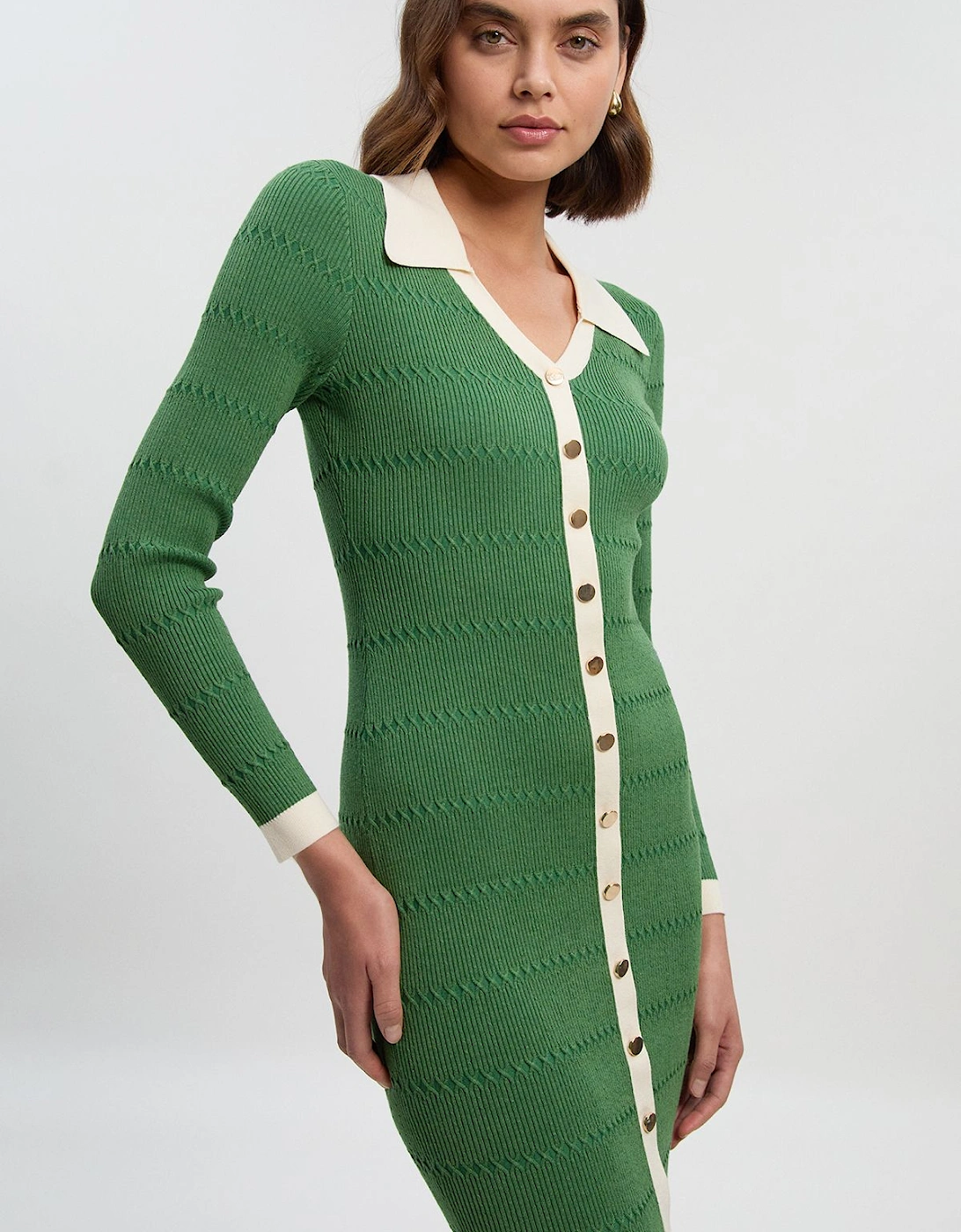 Petite Viscose Rib Stitch Detail Contrast Colour Button Knit Midi Dress, 2 of 1