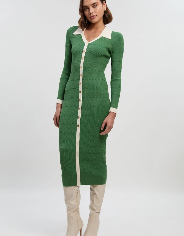 Viscose Rib Stitch Detail Contrast Colour Button Knit Midi Dress