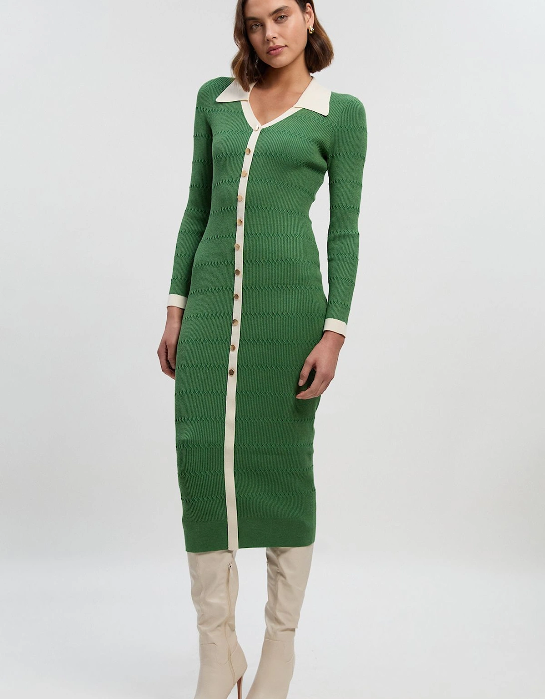Viscose Rib Stitch Detail Contrast Colour Button Knit Midi Dress, 2 of 1