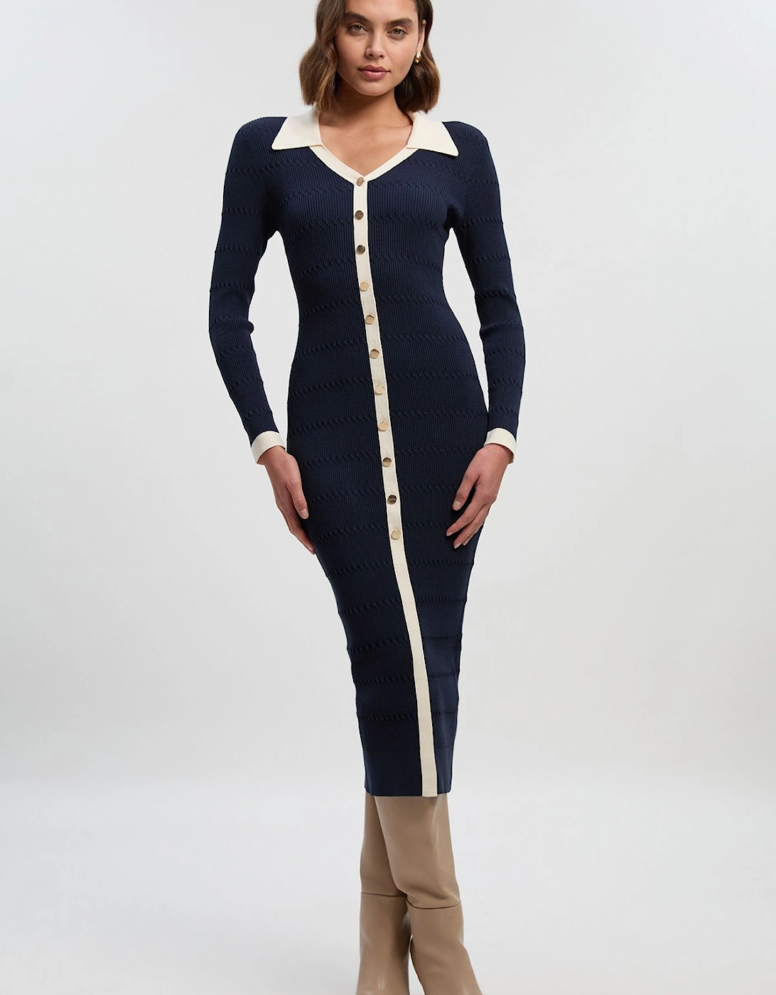 Viscose Rib Stitch Detail Contrast Colour Button Knit Midi Dress, 2 of 1