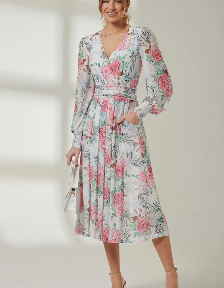 Floral Print Long Sleeve Mesh Midi Dress