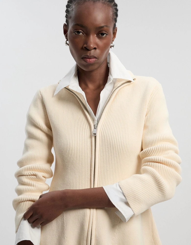 Cotton High Neck Zip Through Longline Knit Jacket