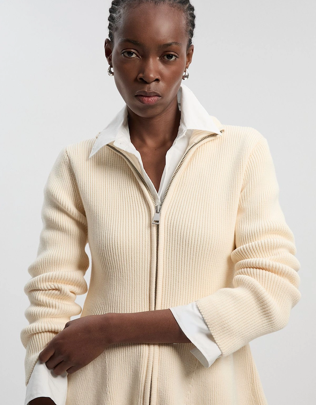 Cotton High Neck Zip Through Longline Knit Jacket, 2 of 1