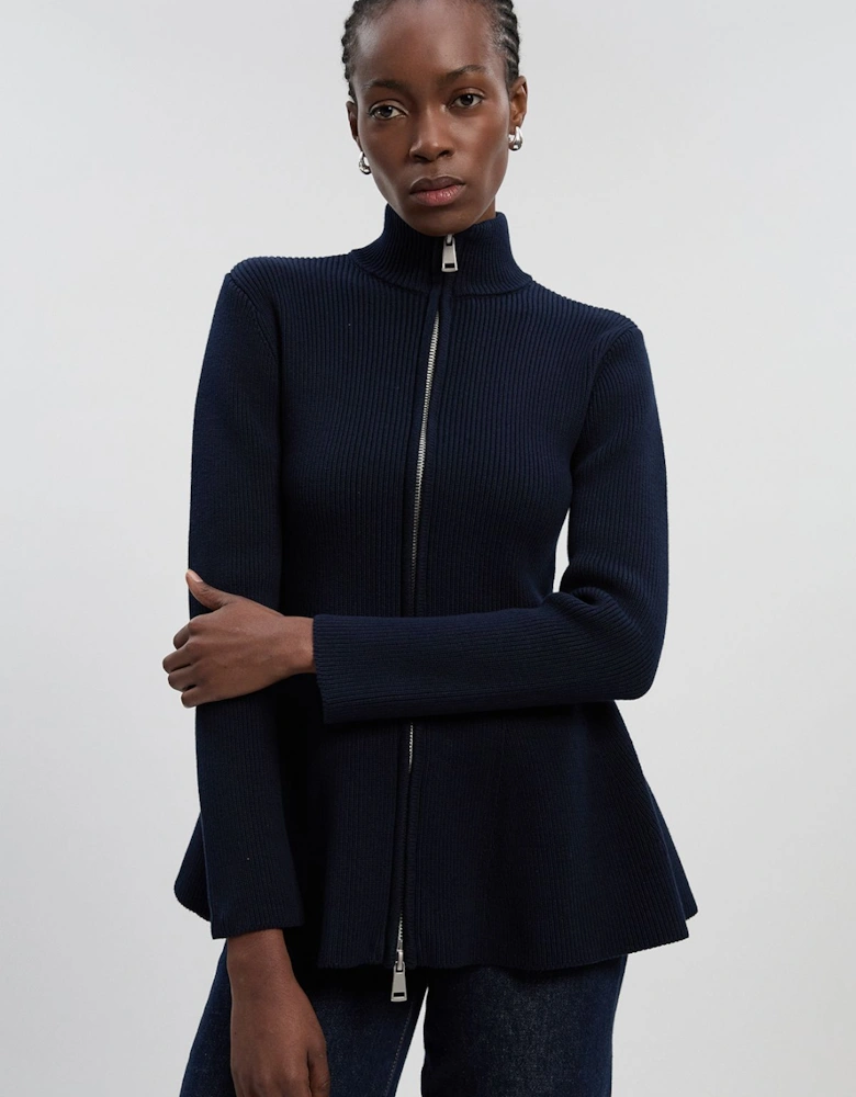 Cotton High Neck Zip Through Longline Knit Jacket