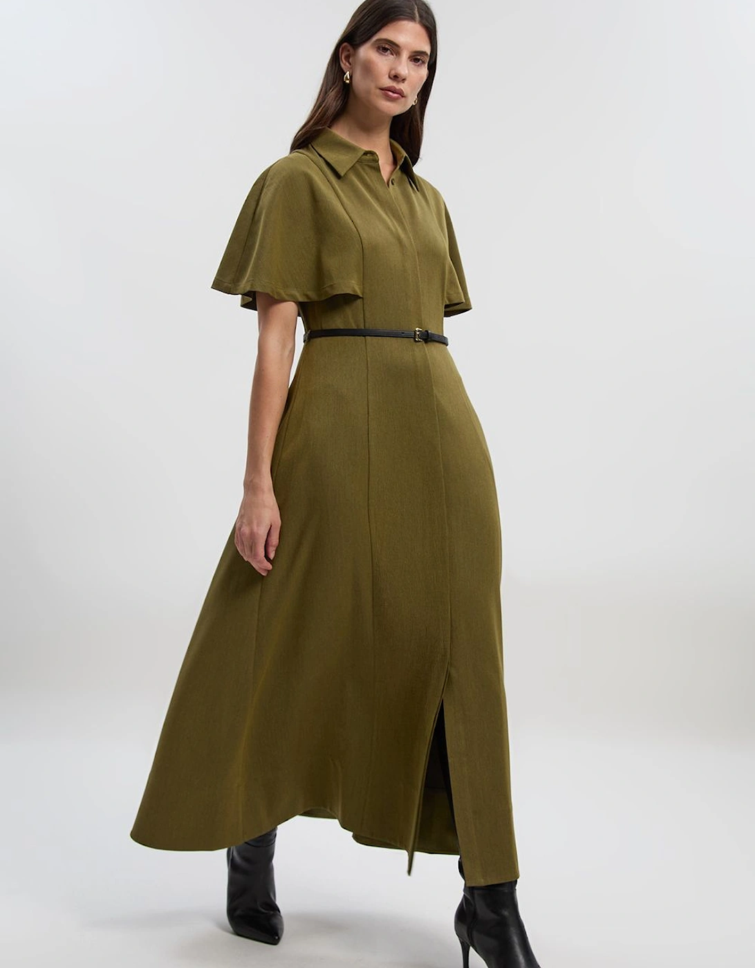 Twill Cape Sleeved Belted Shirt Woven Midi Dress, 2 of 1