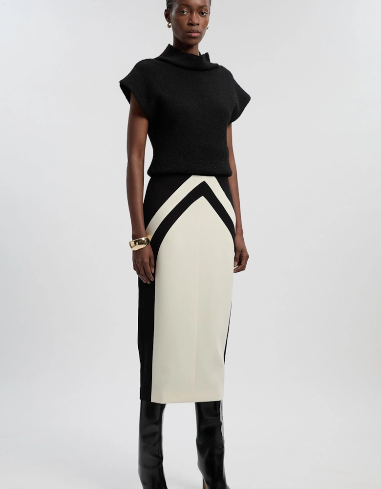 Compact Stretch Colour Block Tailored Pencil Midi Skirt
