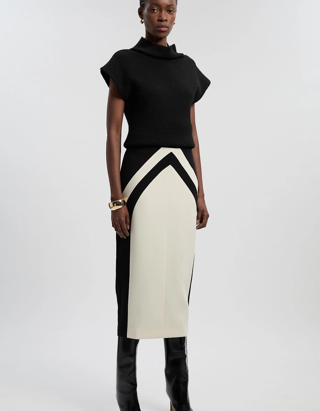 Compact Stretch Colour Block Tailored Pencil Midi Skirt, 2 of 1